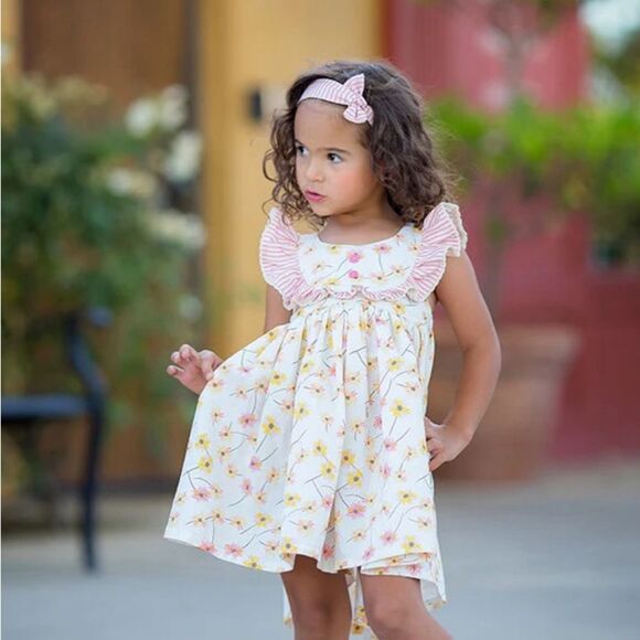 Girls Floral Indie Boheme Flutter sleeve Dress Pink Yellow flowers 3T/4T - Picture 1 of 6